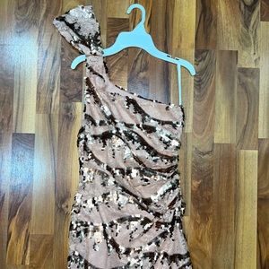 Gold sequenced mini fitted dress with shoulder detail